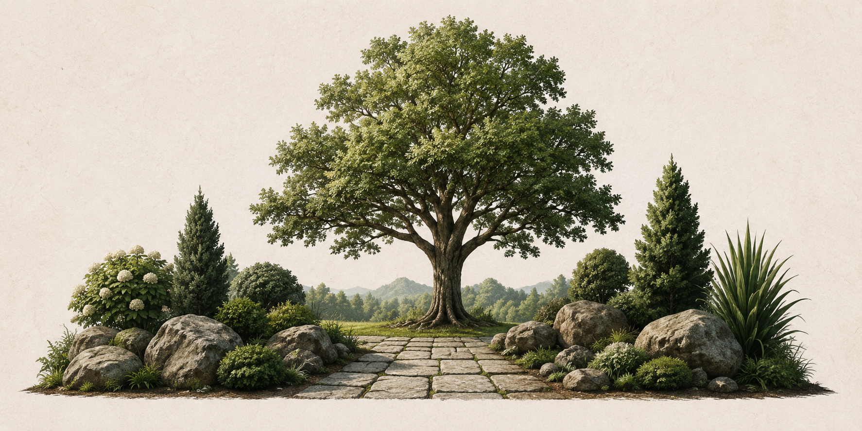 Oak tree with a stone path — the Grand Standard emblem